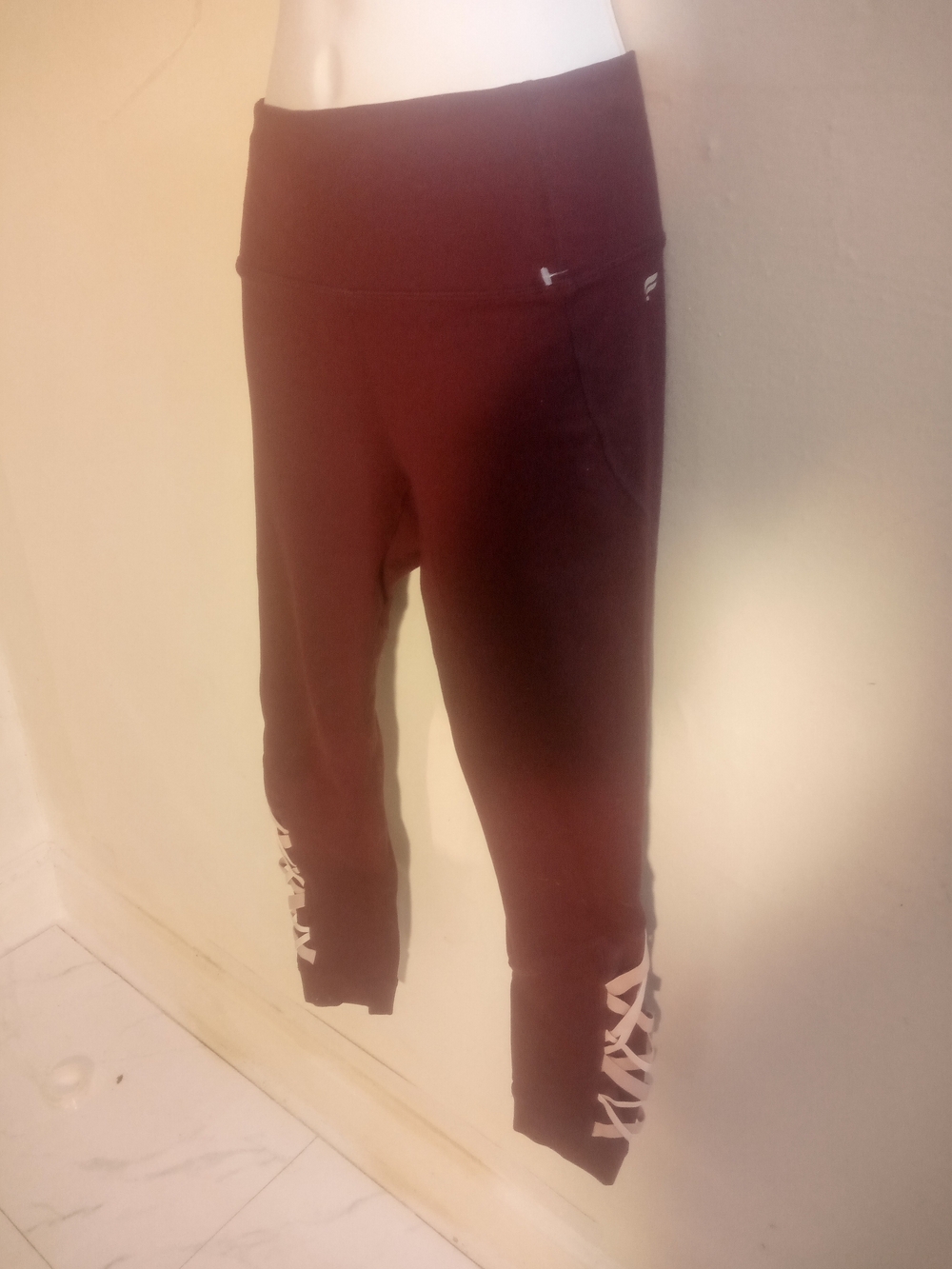 Fabletics Maroon Capri Leggings with White Lace-Up Side Detail